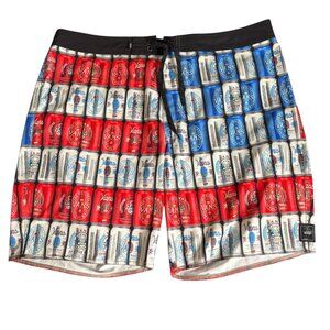 Vans American Flag Beer Can Board Shorts 38 Red White Blue Back Pocket Hook Loop